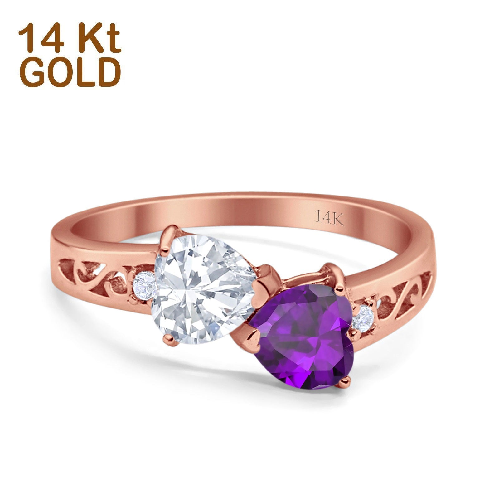 14K Gold Double Heart Simulated Cubic Zirconia Bridal Wedding Engagement Ring