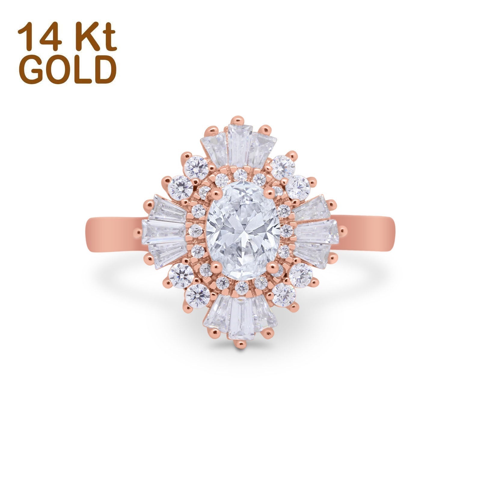 14K Gold Vintage Oval Shape Halo Simulated Cubic Zirconia Bridal Wedding Engagement Ring