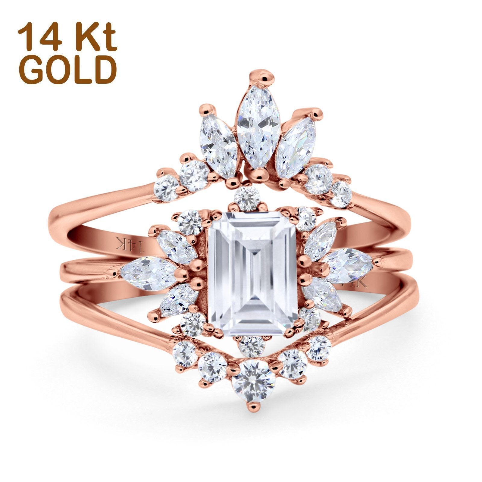 14K Gold Three Piece Emerald Cut Shape Simulated Cubic Zirconia Bridal Set Engagement Rings