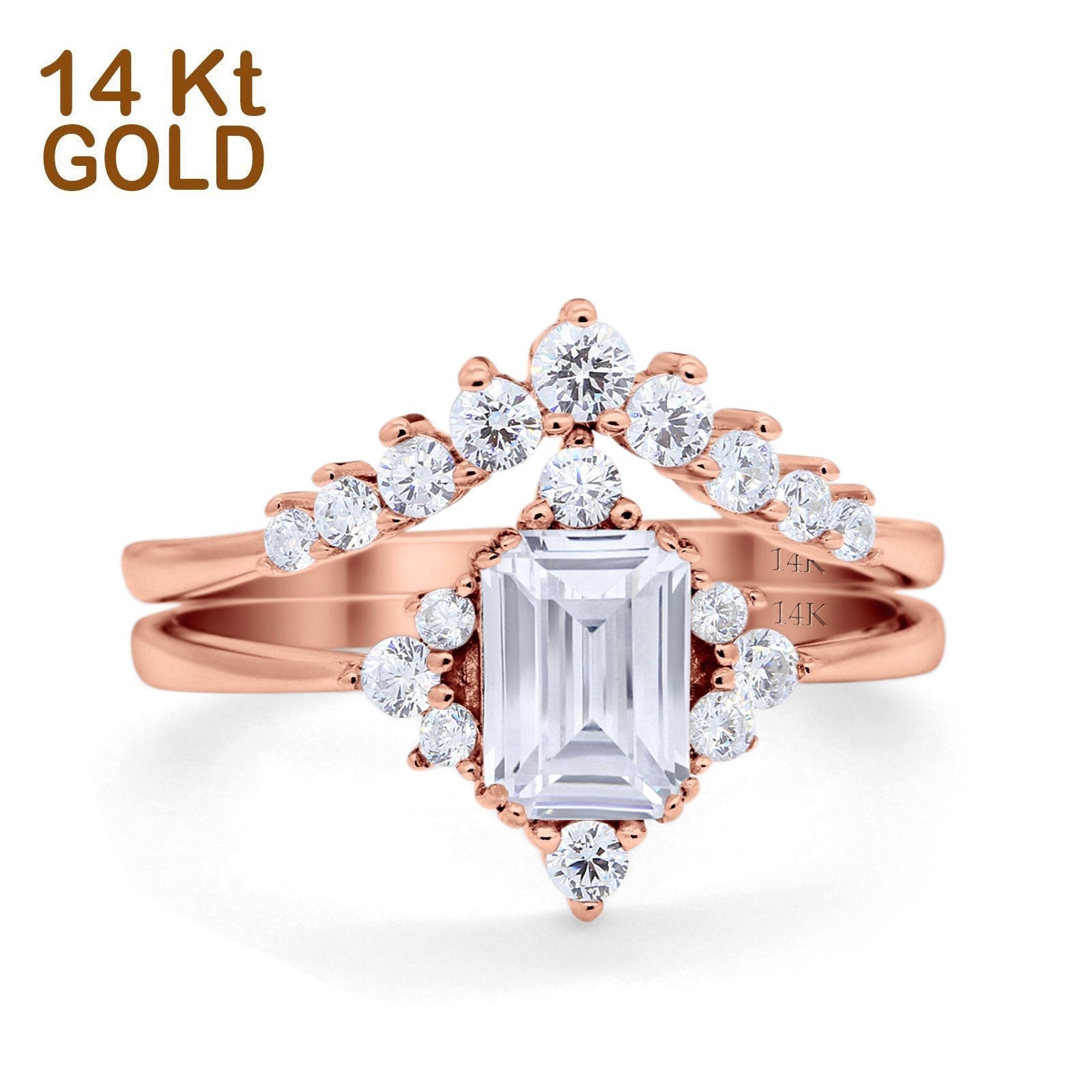 14K Gold Emerald Cut Shape Art Deco Two Piece Bridal Set Ring Engagement Band Simulated CZ
