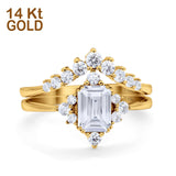 14K Gold Smaragdschliff Form Art Deco Zweiteiliges Brautset Ring Verlobungsring Simulierter CZ