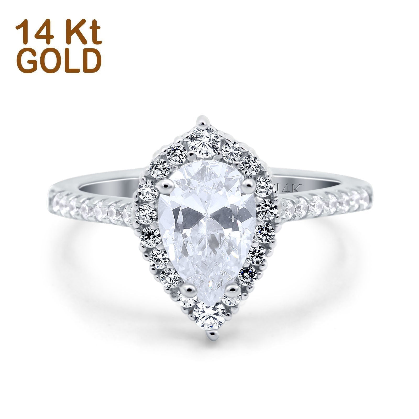 14K Gold Teardrop Pear Shape Simulated Cubic Zirconia Art Deco Bridal Wedding Engagement Ring