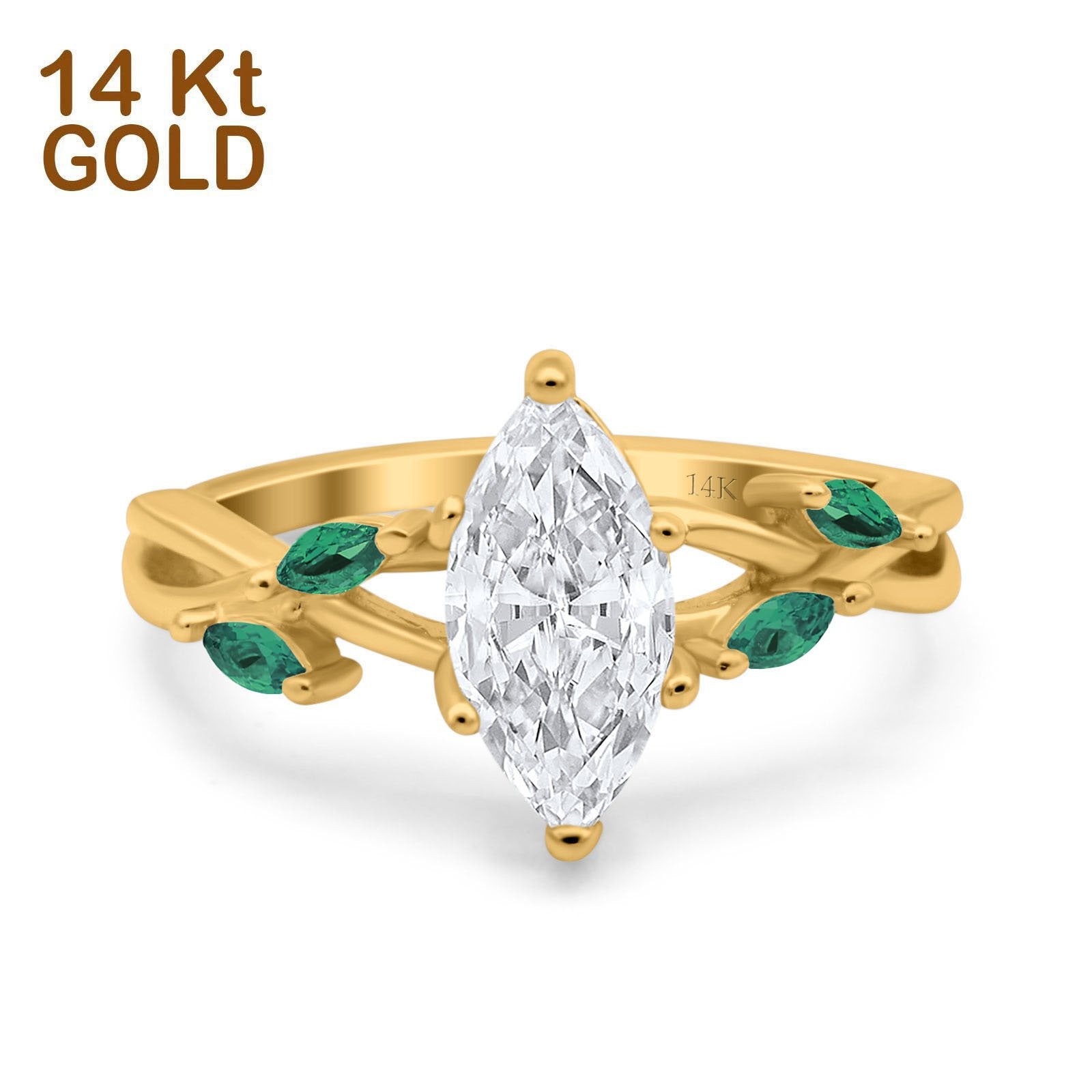14K Gold Marquise Shape Infinity Twist Green Emerald Simulated Cubic Zirconia Art Deco Engagement Wedding Ring