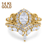 14K Gold Oval Shape Accent Vintage Simulated Cubic Zirconia Wedding Band Bridal Ring