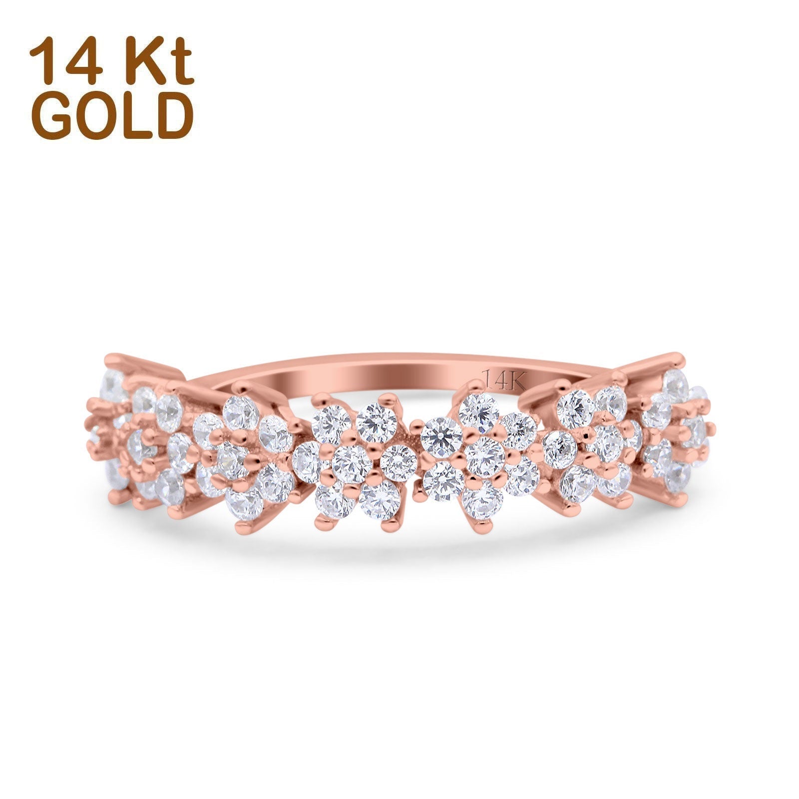 14K Gold Seven Stone Flower Half Eternity Band Round Shape Simulated CZ Wedding Engagement Ring