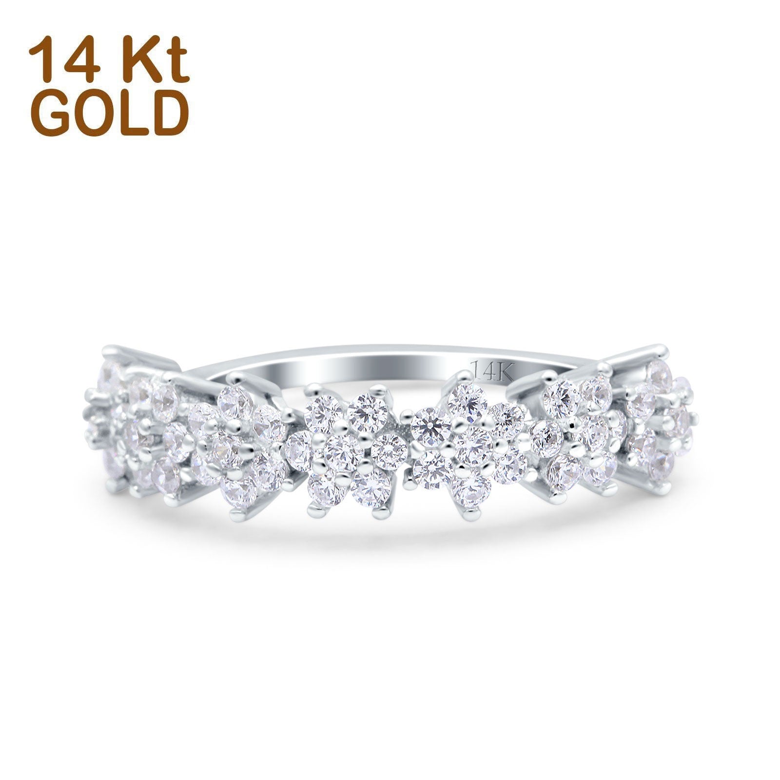 14K Gold Seven Stone Flower Half Eternity Band Round Shape Simulated CZ Wedding Engagement Ring