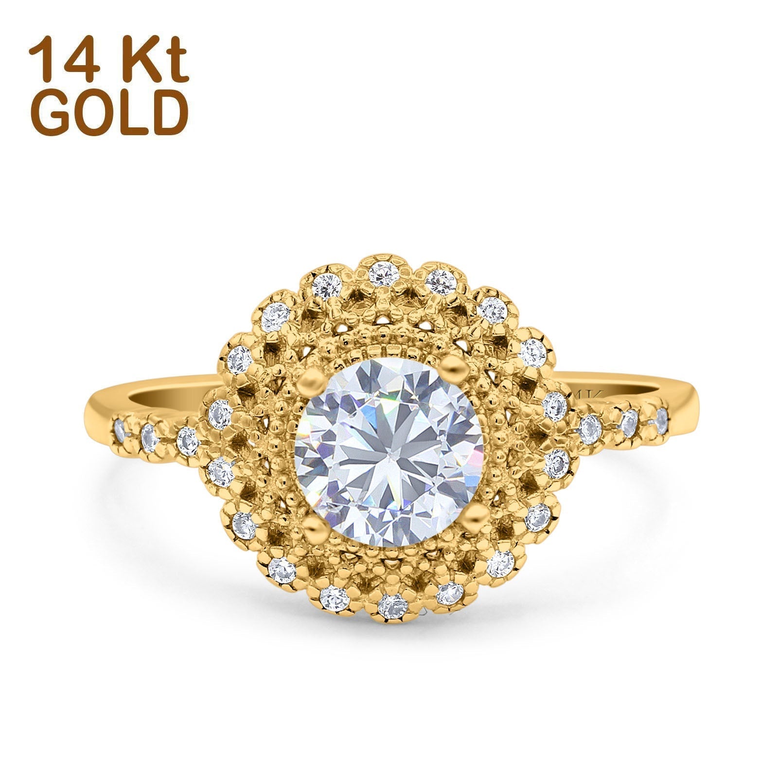 14K Gold Halo Art Deco Round Shape Simulated Cubic Zirconia Bridal Wedding Engagement Ring