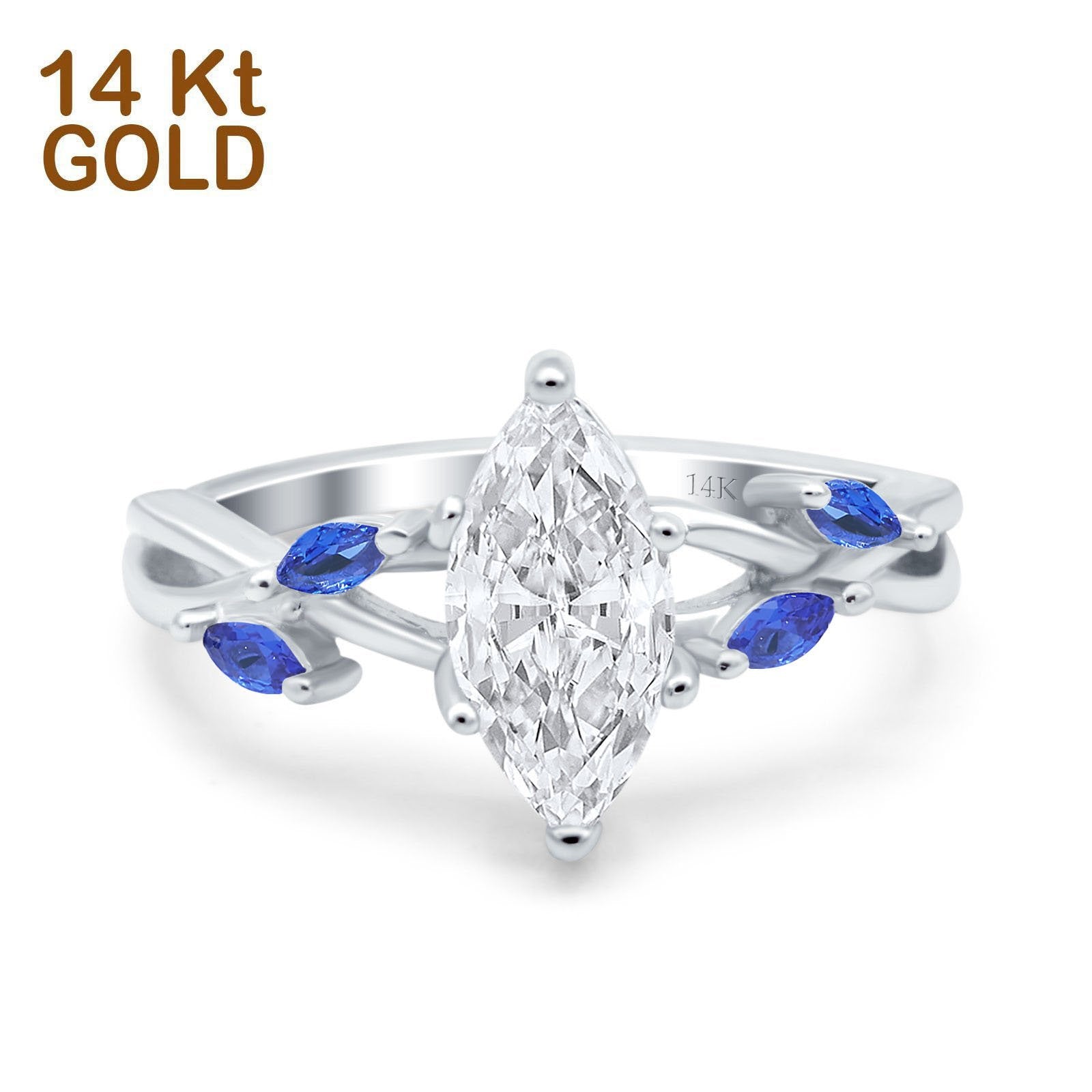 14K Gold Marquise Shape Infinity Twist Blue Sapphire Simulated Cubic Zirconia Art Deco Engagement Wedding Ring