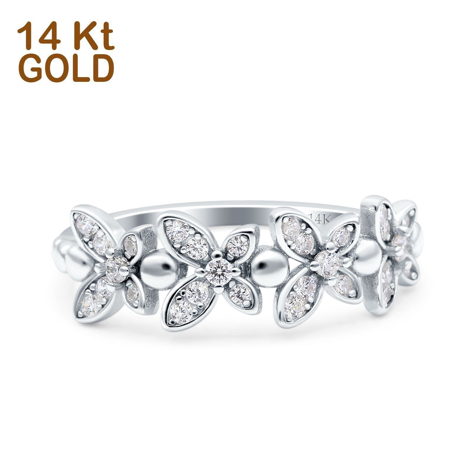 14K Gold Flower Half Eternity Simulated CZ Stackable Wedding Engagement Ring