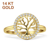 Halo Round Cubic Zirconia Tree Of Life Ring 14K Gold