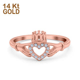 14K Gold Heart Claddagh Art Deco Eternity Wedding Ring Simulated Cubic Zirconia