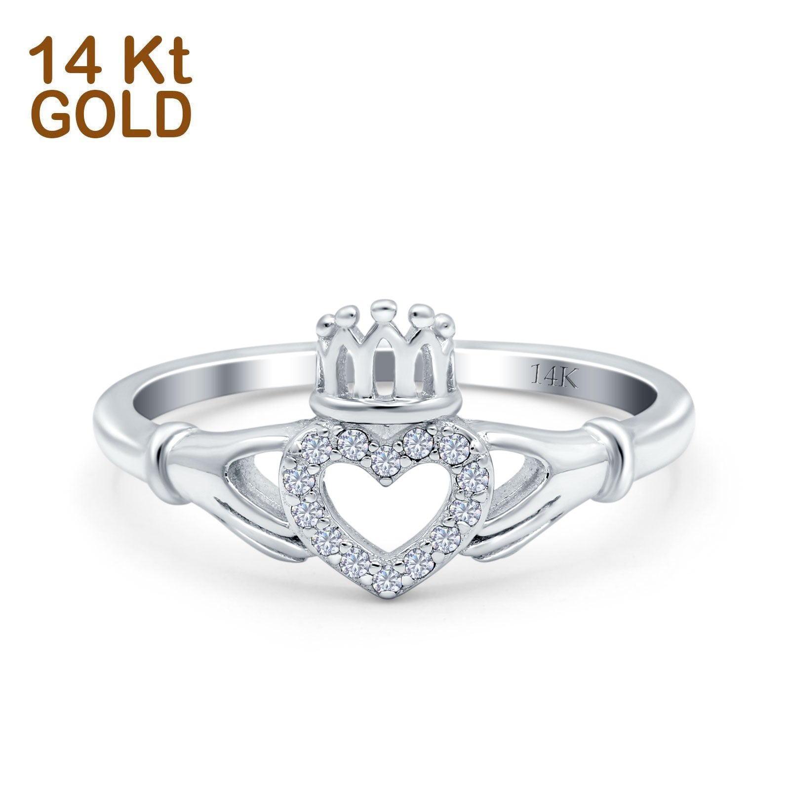 14K Gold Heart Claddagh Art Deco Eternity Wedding Ring Simulated Cubic Zirconia