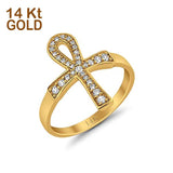 14K Gold Kreuz Ankh Eternity Verlobungsring in runder Form mit simuliertem Zirkonia
