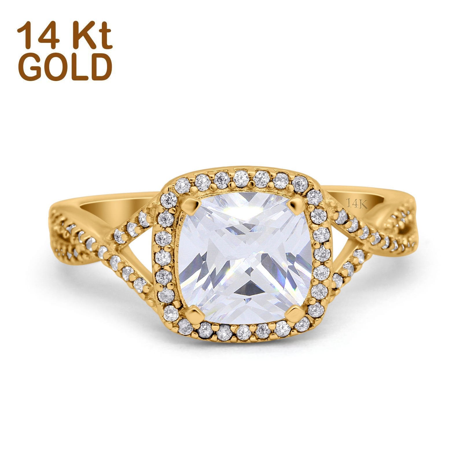 14K Gold Cushion Shape Infinity Shank Simulated Cubic Zirconia Wedding Engagement Ring