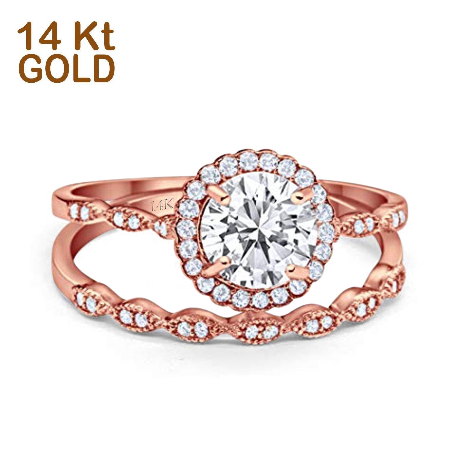 14K Gold Two Piece Round Shape Wedding Ring Bridal Set Band Engagement Simulated CZ
