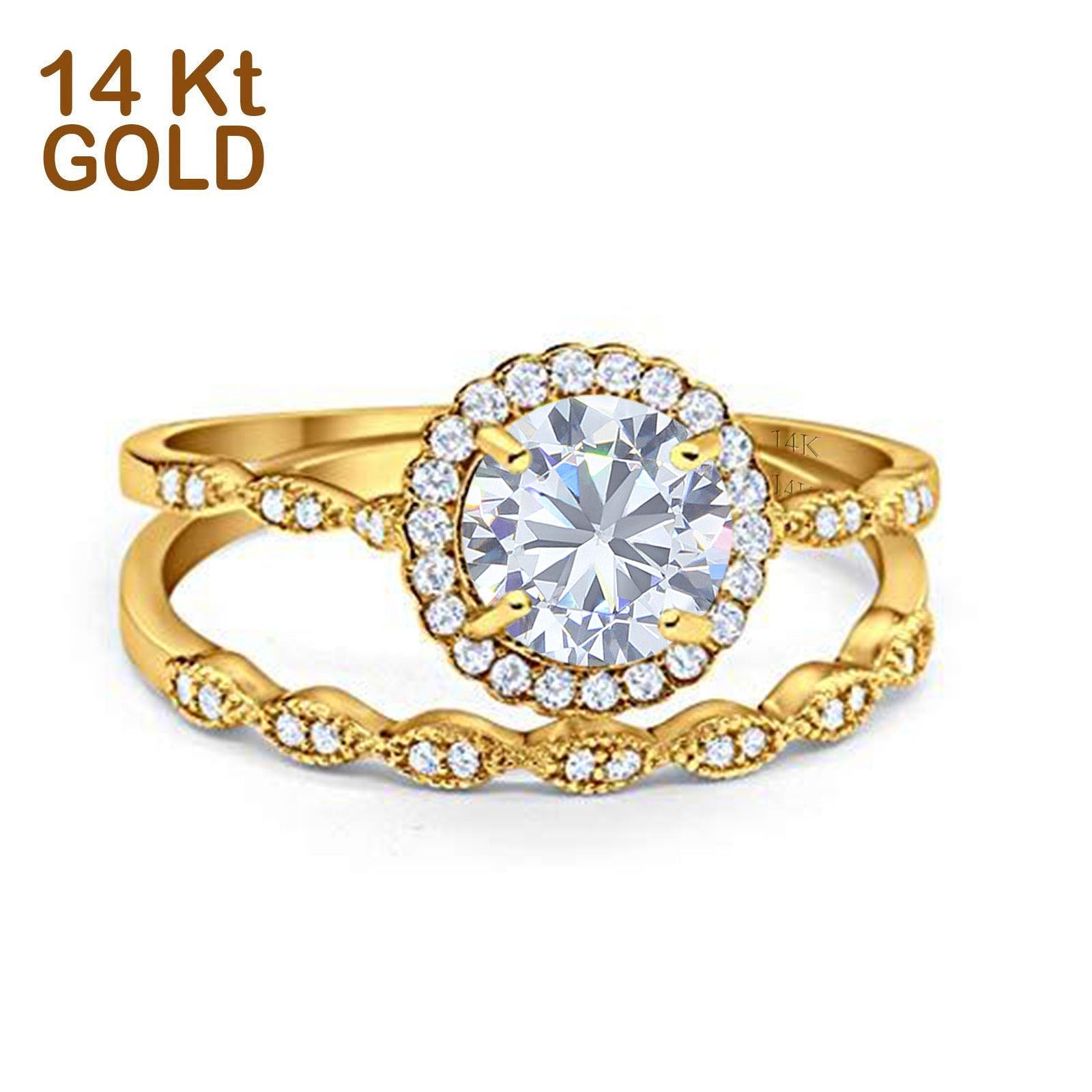 14K Gold Two Piece Halo Engagement Bridal Ring Round Shape Simulated Cubic Zirconia