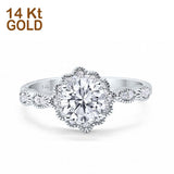 14K Gold Halo Floral Art Deco Round Shape Simulated Cubic Zirconia Engagement Ring