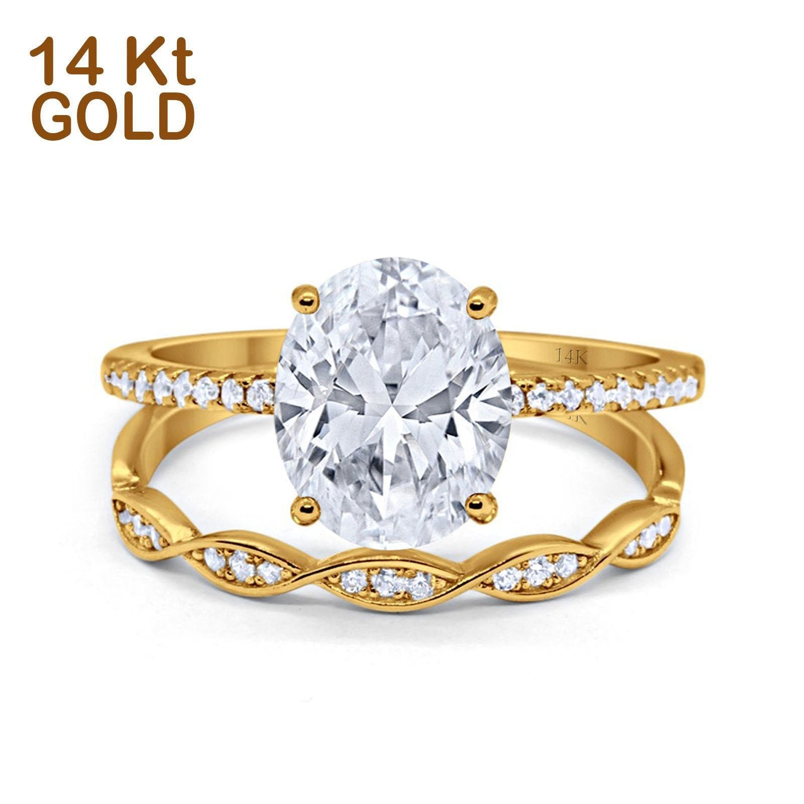 14K Gold Two Piece Oval Shape Bridal Set Band Engagement Simulated CZ Wedding Ring