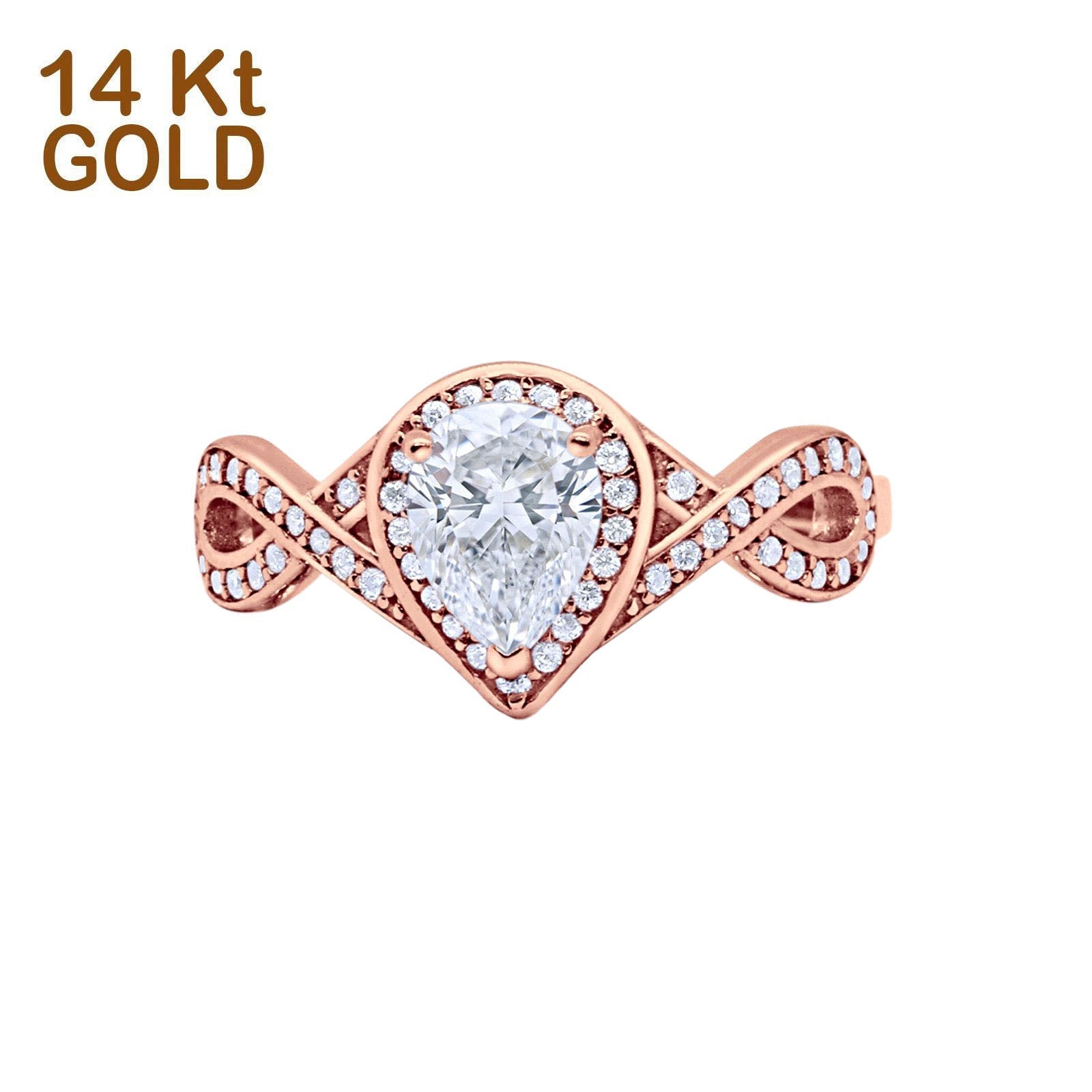 14K Gold Teardrop Pear Shape Art Deco Wedding Ring Simulated Cubic Zirconia