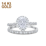 14K Gold Pear Shape Teardrop Piece Simulated Cubic Zirconia Bridal Set Engagement Band Ring
