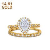 14K Gold Pear Shape Teardrop Piece Simulated Cubic Zirconia Bridal Set Engagement Band Ring