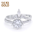 14K Gold Two Piece Art Deco Bridal Set Band Round Shape Simulated Cubic Zirconia Engagement Ring