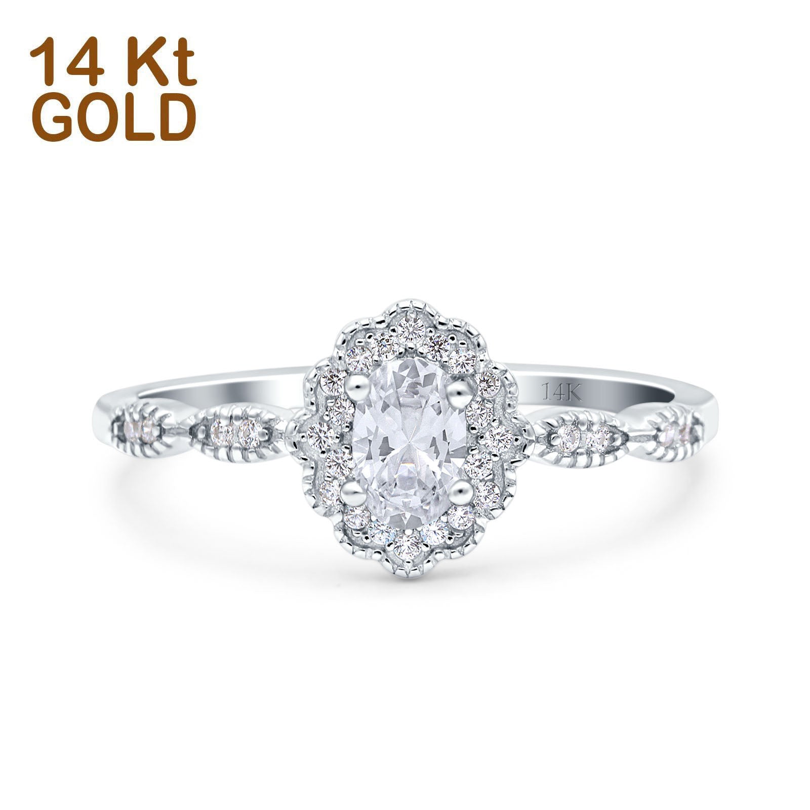 14K Gold Halo Art Deco Oval Shape Bridal Simulated Cubic Zirconia Wedding Engagement Ring