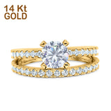 14K Gold Two Piece Solitaire Accent Round Bridal Set Ring Wedding Engagement Band Simulated CZ