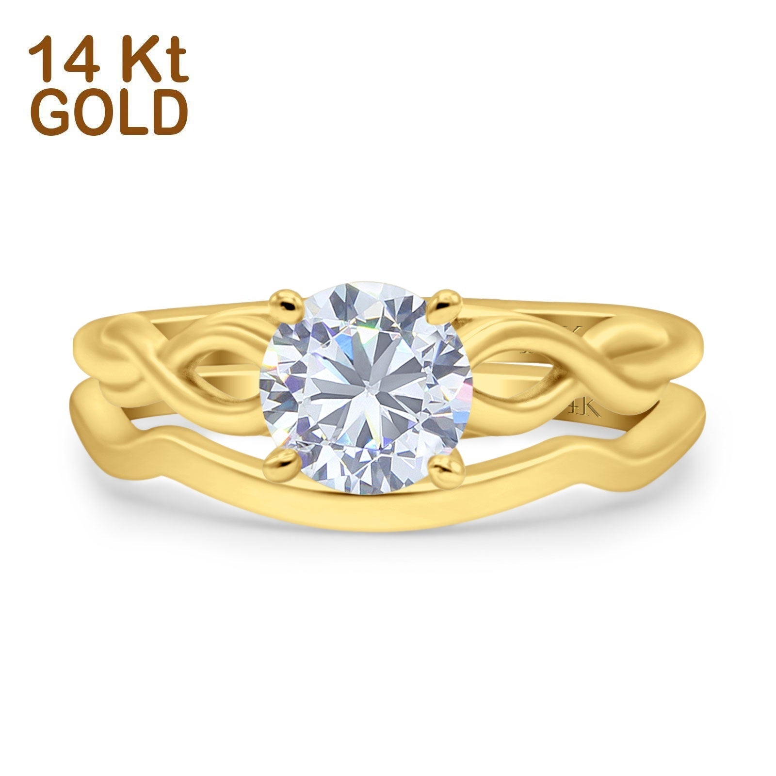 14K Gold Two Piece Round Shape Solitaire Celtic Bridal Set Ring Wedding Band Simulated CZ