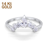 14K Gold Pear Shape Curved Band Half Eternity Simulated CZ Lab Created White Opal Wedding Ring