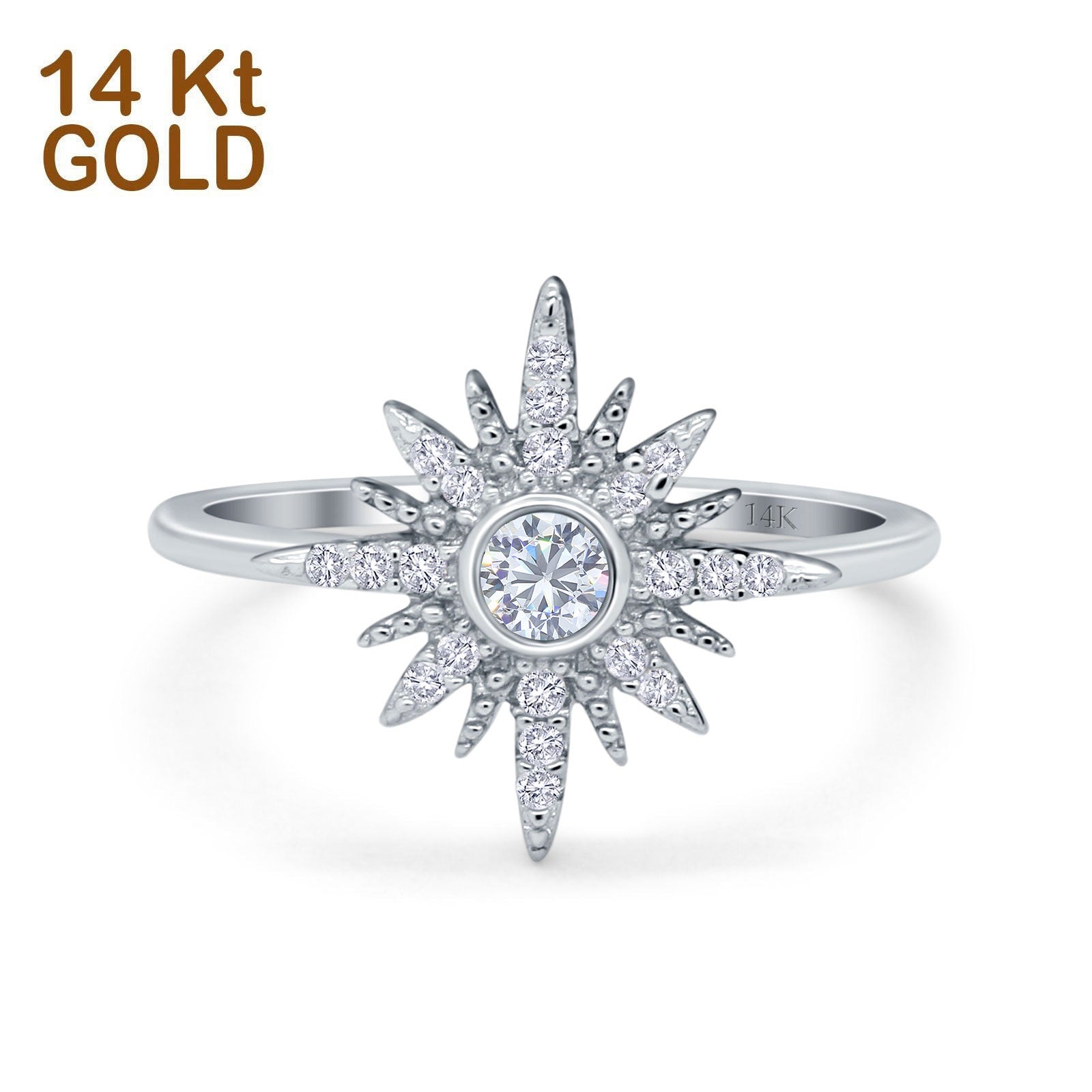 14K Gold Round Shape Cluster Starburst Simulated Cubic Zirconia Wedding Engagement Ring
