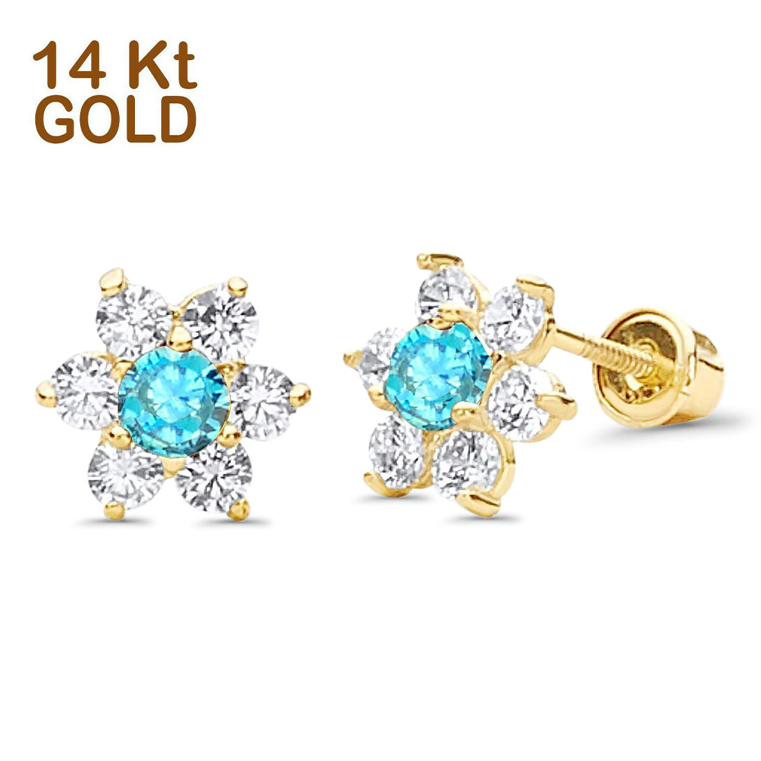 14K Yellow Gold Simulated Cubic Zirconia Flower Stud Earrings with Screw Back 12 Different Size Available, Best Anniversary Birthday Gift for Her