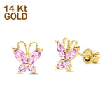 14K Yellow Gold Butterfly Stud Earrings with Screw Back - 4 Different CZ Available, Best Birthday Gift for Her