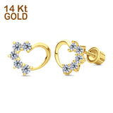 Solid 14K Yellow Gold Heart Stud Earrings Simulated Cubic Zirconia with Screw Back - 3 Different Color Available, Best Anniversary Birthday Gift for Her