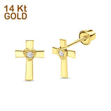 14K White Gold & Yellow Gold Cross Heart Stud Earrings with Screw Back- 2 Different Size Available, Best Birthday Gift for Her