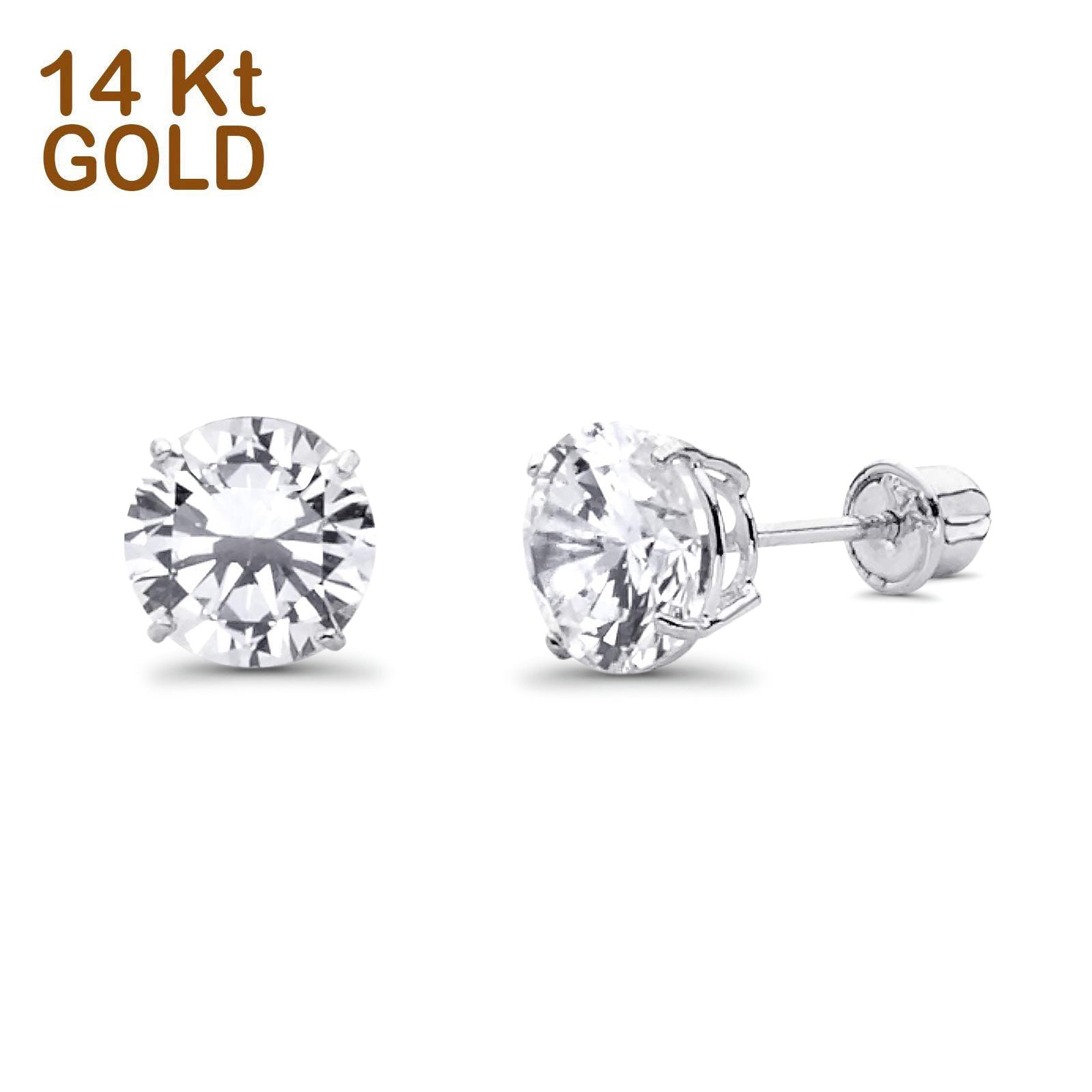 14K White Gold Round Solitaire Basket Set Stud Earrings with Screw Back - 3 Different Size Available, Best Anniversary Birthday Gift for Her