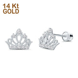 14K White Gold & Yellow Gold Crown Stud Earrings with Screw Back- 2 Different Size Available, Best Birthday Gift for Her