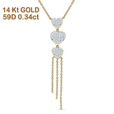 14K Gold 0.34ct  Three Heart Drop Chain Necklace Round Diamond Pendant 16