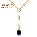 14K Gold 0.91ct Emerald Cut Paperclip Chain Necklace Natural Blue Sapphire 16" Long