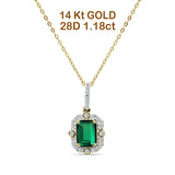 14K Gold 0.18ct Natural Emerald & Diamond Halo Solitaire Pendant Necklace 18