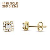 Solid 14K Gold 5mm Modern Square Round Baguette Diamond Stud Earrings Push Back