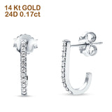 Solid 14K Gold 12.7mm J Shaped Classic Hoop Push Back Round Diamond Stud Earring