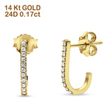 Solid 14K Gold 12.7mm J Shaped Classic Hoop Push Back Round Diamond Stud Earring