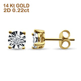 14K Solid Yellow Gold Round Diamond Miracle Illusion Stud Earrings