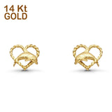 14K Yellow Gold Twisted Heart & Dolphin Stud Earring Birthday And Anniversary Gift 10mm