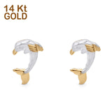 14K Two Tone Gold Minimalist Dolphin Fish Studs Earring 12mm For Women Or Girls