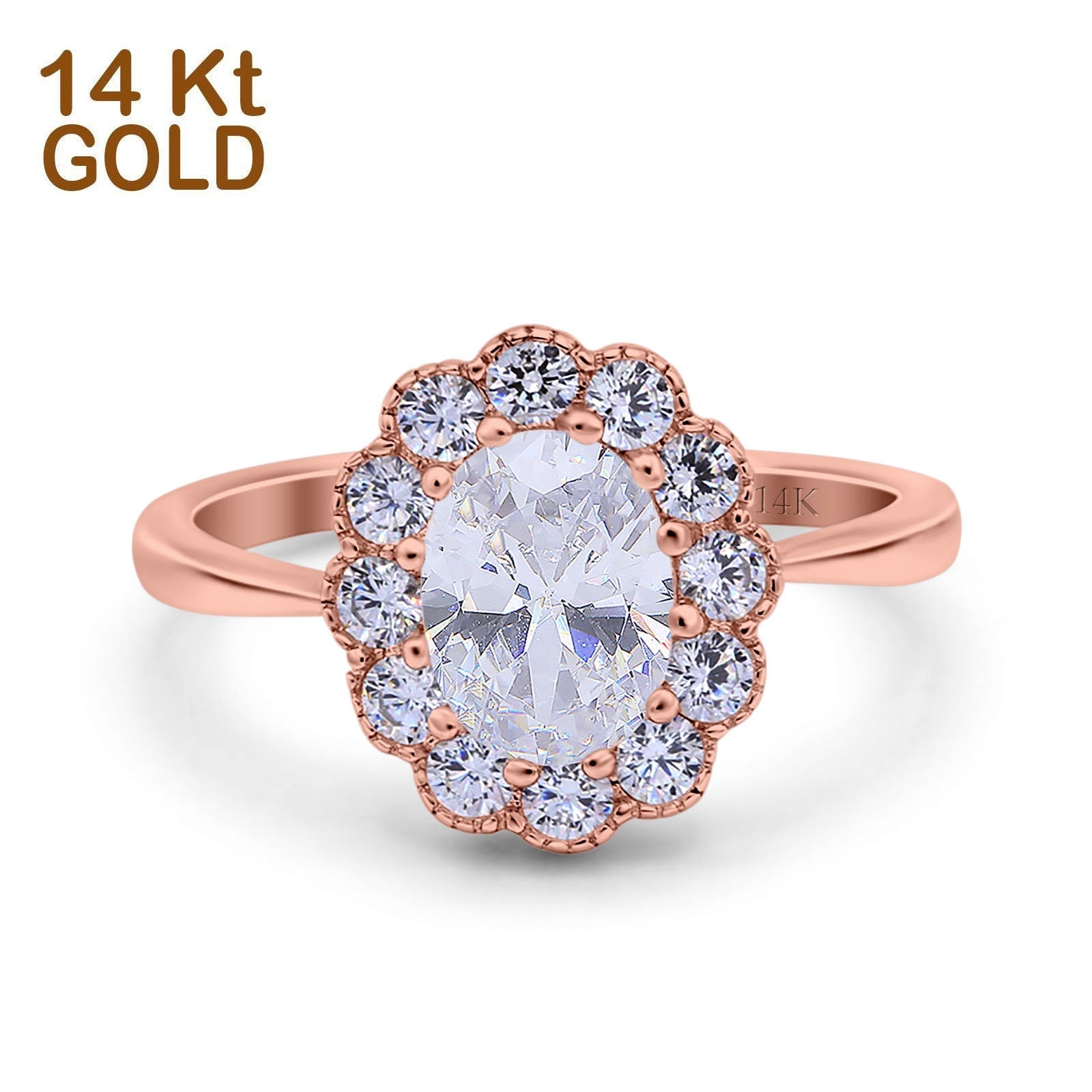 14K Gold Vintage Floral Oval Shape Simulated Cubic Zirconia Bridal Wedding Engagement Ring