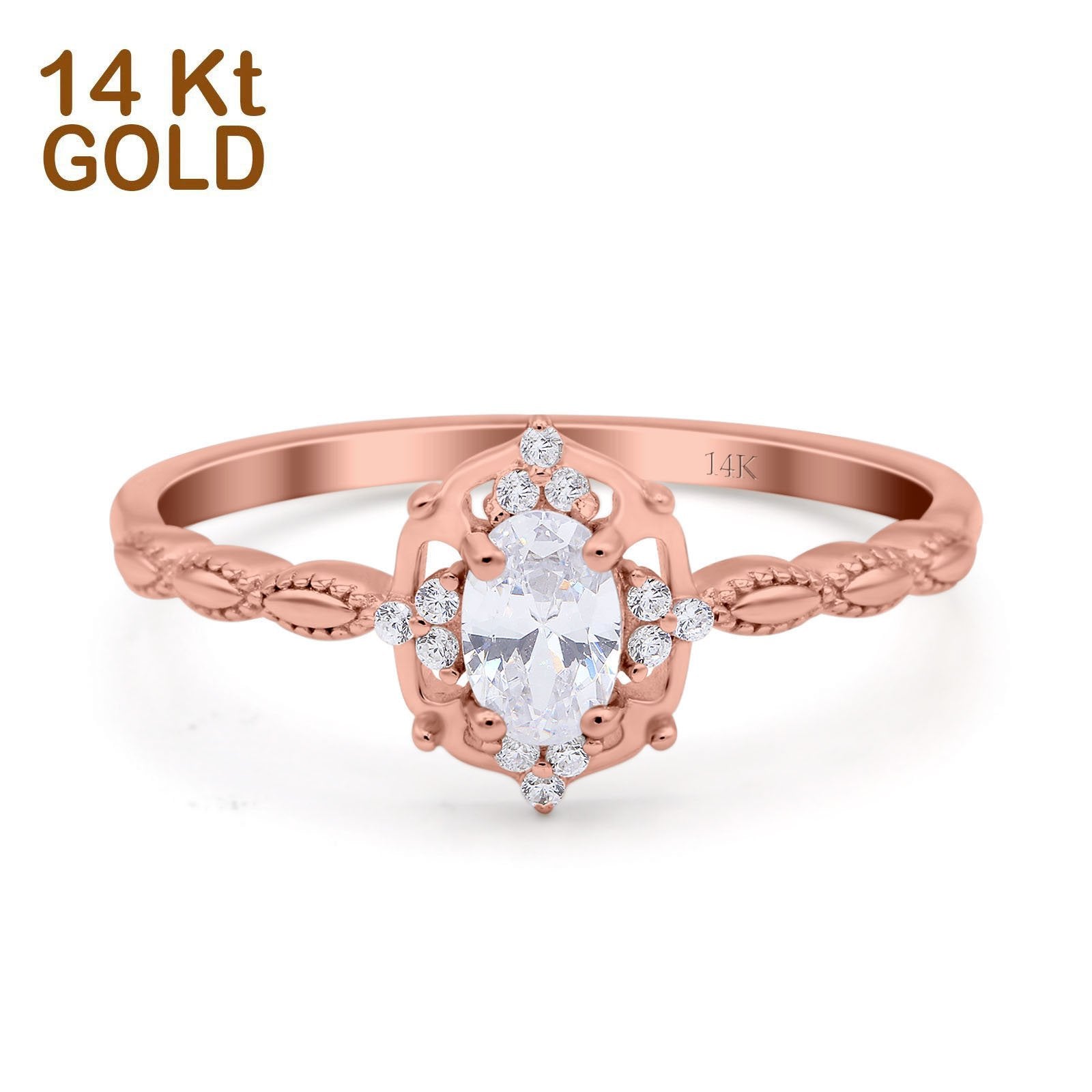 14K Gold Art Deco Petite Dainty Oval Shape Simulated Cubic Zirconia Wedding Engagement Ring