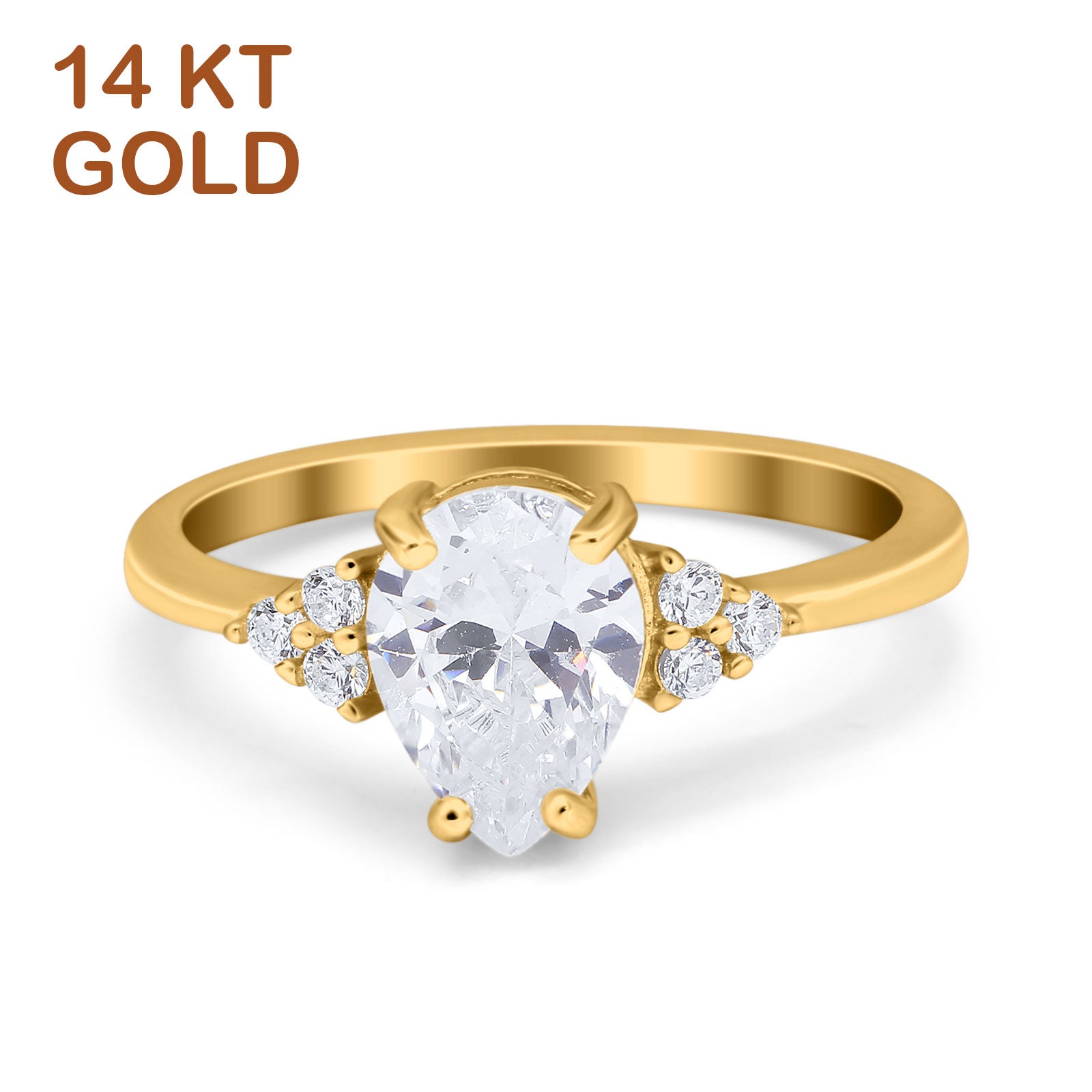 14K Gold Teardrop Pear Shape Art Deco Engagement Wedding Bridal Ring Simulated Cubic Zirconia