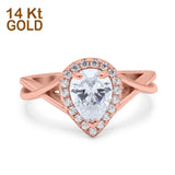 14K Gold Teardrop Pear Halo Twist Infinity Shank Simulated Cubic Zirconia Engagement Wedding Bridal Ring